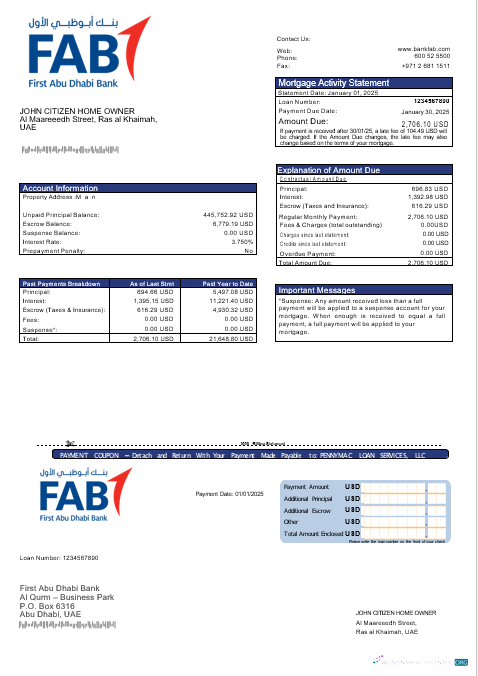 Download UAE First Abu Dhabi bank mortgage statement in Word and PDF formats Photoshop template